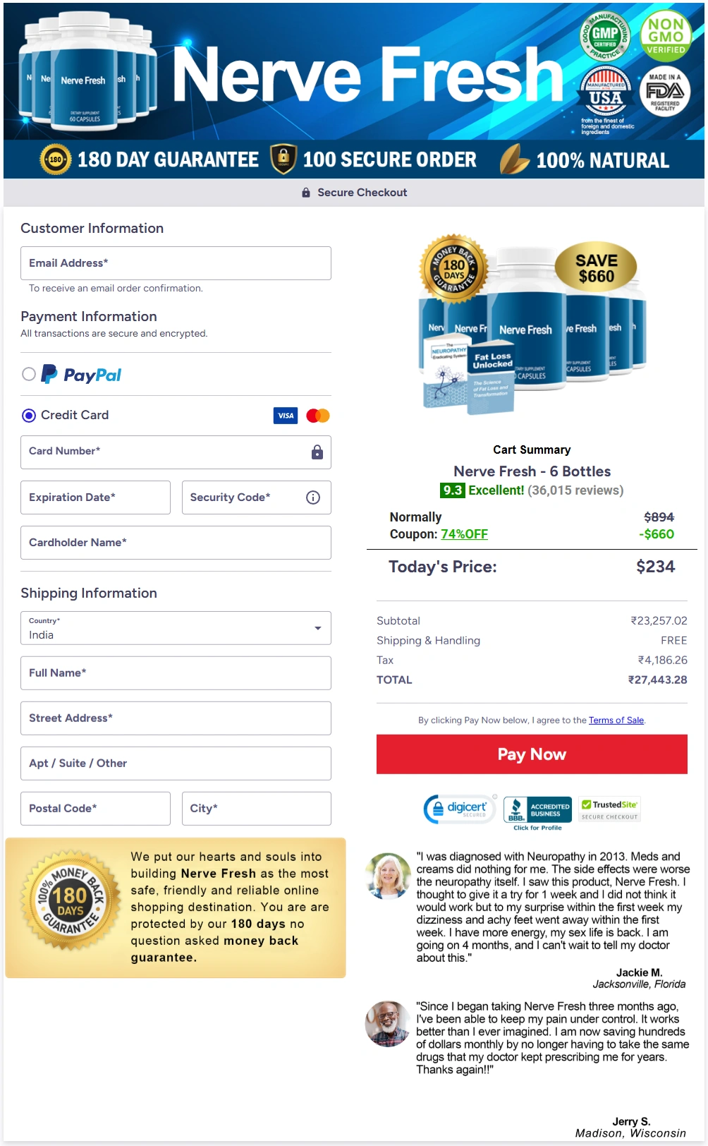 Nerve Fresh checkout page on the secure ClickBank order form